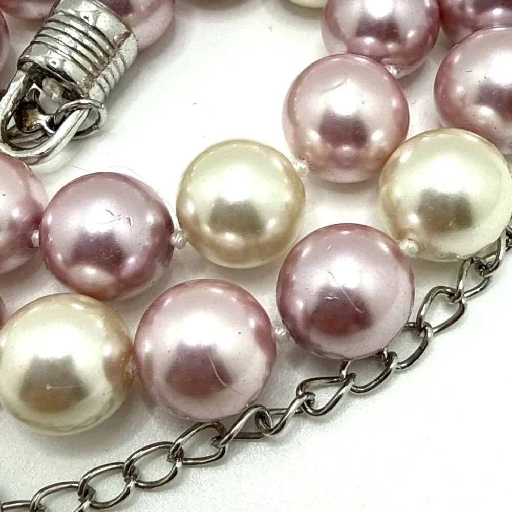 Vintage KISSAKA Faux Pearl Necklace Multicolor Pink Cream Glass Bead Strand 20